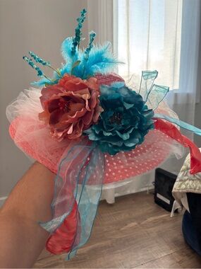 Coral & Teal Floral Fascinator Hat Kentucky Derby Wedding Tea Party